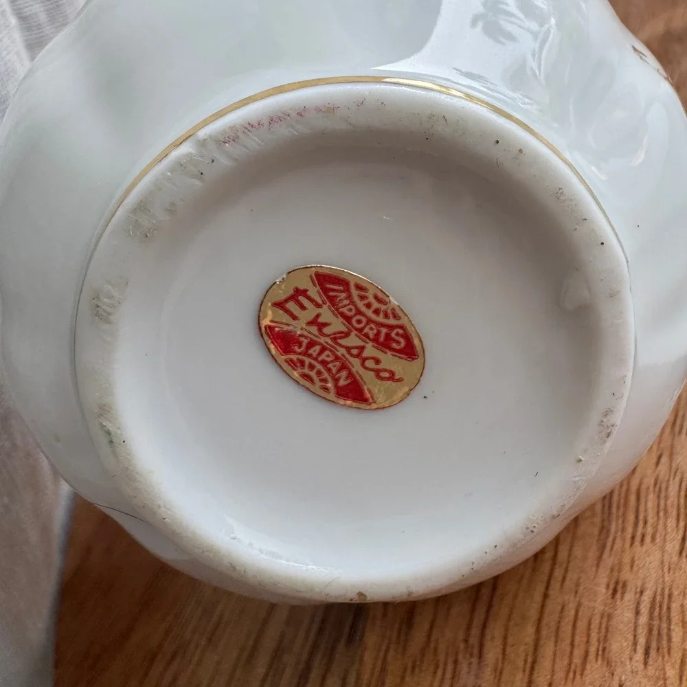 VTG Enesco Mini Pitcher Creamer and Saucer White Yellow Floral Gold Trim Japan